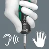 A hand holding a Wera torque screwdriver, with icons representing sound and touch. Produktbild-Vorschau