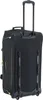 The back view of a black rolling travel bag with green accents. Voir les images du produit