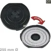 Two views of a circular carbon filter for a range hood, with a red arrow indicating the back side. Produktbild-Vorschau