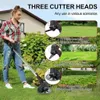 A woman is using a string trimmer in a yard, with inset images showing different cutter heads and their uses. Produktbild-Vorschau