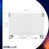 A white electric heater with dimensions indicated, placed on a white background with some abstract colorful elements on the right side. Produktbild-Vorschau