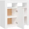 A white wooden cabinet with an open door, revealing shelves and hinges. Voir les images du produit