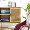 A close-up of a wooden cabinet with a cane door, displaying folded blankets and books on top. A large green plant and a part of a sofa with a draped blanket are visible. Produktbild-Vorschau