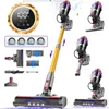 A collage of images showcasing a cordless vacuum cleaner and its accessories, with a digital display showing battery status. Produktbild-Vorschau