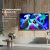 A modern living room setting with a large TV displaying a colorful underwater scene, mounted on a wood-paneled wall. Produktbild-Vorschau