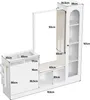 A white wardrobe set with multiple storage compartments, a mirror, and a bench, shown from a diagonal angle. Produktbild-Vorschau