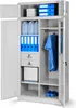 An open metal cabinet with various items stored inside. Produktbild-Vorschau