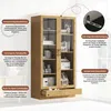 A wooden display cabinet with glass doors and drawers, featuring various informational callouts. Podgląd zdjęcia produktu