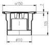 Technical drawing of a floor drain with dimensions. Anteprima dell’immagine prodotto