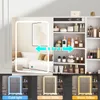 A vanity table with a lighted mirror and shelves filled with cosmetics, shown with different lighting options. Produktbild-Vorschau