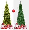 A split image showing two artificial Christmas trees, one decorated with lights and gifts, and the other unadorned. A size indicator is present. Voir les images du produit