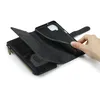A hand is shown holding a black leather wallet-style phone case open, revealing the card slots and a zipper pocket. Produktbild-Vorschau