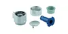 A collection of plumbing parts, including a chrome handle, a silver cap, a green plastic insert, and a blue plastic fitting, arranged on a white background. Produktbild-Vorschau
