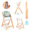 A collage of images showing a wooden high chair in different configurations and a close-up of its construction. Náhľad obrázku produktu