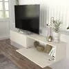A modern TV lowboard with two open doors, displaying decorative items and books, mounted on a wall. Produktbild-Vorschau