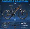 A diagram showing the dimensions and specifications of an electric mountain bike. Produktbild-Vorschau