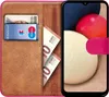 A book-style phone case with a Samsung Galaxy A12/M12 phone inserted, showing credit cards and euro banknotes in the card slots. Produktbild-Vorschau