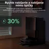A robot vacuum cleaner and its charging/cleaning station are shown on a wooden floor, with text overlays providing information about charging. Náhľad obrázku produktu