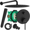 A collection of black shower components, including a showerhead, hand shower, hose, control valve, and mounting hardware, laid out against a white background. Produktbild-Vorschau