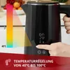 A black electric kettle with a digital display showing '90' and temperature control icons, with a hand pressing a button. A temperature gradient graphic is overlaid on the left side of the image. Produktbild-Vorschau