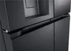 A close-up view of the black exterior of a refrigerator, focusing on the door handles and dispenser area. Produktbild-Vorschau