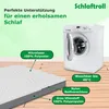 A mattress and a washing machine are shown, with labels indicating material and care instructions. Produktbild-Vorschau