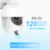 A close-up of a white security camera with a microSD card being inserted, with text overlays indicating storage capacity and subscription fees. Produktbild-Vorschau