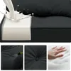 Collage showing a mattress with liquid being poured on it, close-ups of tufted upholstery, and a hand pressing into a soft surface. Produktbild-Vorschau