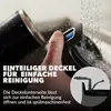 A hand is shown cleaning a part of a product under running water, with text overlays describing its features. Produktbild-Vorschau