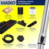 A collage of vacuum cleaner accessories and parts against a yellow background with a dark blue header. Produktbild-Vorschau
