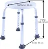 A white shower stool with dimensions indicated by text and arrows. Produktbild-Vorschau