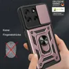A hand is holding a rose gold and black phone case with a ring holder and camera cover. Produktbild-Vorschau