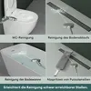 A collage of four images showing different cleaning scenarios with a handheld showerhead, including cleaning a toilet, a floor drain, a bathtub, and cleaning utensils. Text overlays describe each scenario and a general benefit. Produktbild-Vorschau