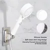 A white shower head mounted on a wall bracket against a marble-patterned background. Two close-up insets show the nozzle details. Produktbild-Vorschau