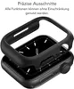 A black protective case for an Apple Watch is shown, with the case hovering above the watch face. Produktbild-Vorschau