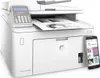 A white HP laser printer is shown with a document in the feeder and a smartphone next to it. Produktbild-Vorschau