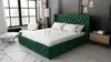 A bedroom scene with a green upholstered bed as the main focus, set against a dark gray wall and large windows. Náhľad obrázku produktu
