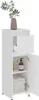 A white bathroom cabinet with an open door, showing shelves with towels and bottles, and a drawer slightly pulled out. A plant in a vase is on top. Produktbild-Vorschau