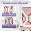 Collage showing different angles and features of a pink office chair, with German text overlays explaining its lumbar support. Produktbild-Vorschau
