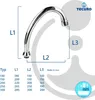 A diagram showing the dimensions of a faucet spout, with a table of measurements. Produktbild-Vorschau