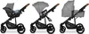 Three different configurations of a baby stroller are shown side-by-side against a white background. Anteprima dell’immagine prodotto