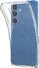 A clear phone case with glitter is shown on a blue phone. Produktbild-Vorschau