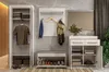 A modern entryway furniture set with a tall cabinet, a bench with shoe storage, and a sideboard with drawers and cabinets, all in white high gloss. Produktbild-Vorschau