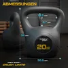 A close-up marketing image of a black TREX SPORT 20kg kettlebell with dimensions indicated by lines and text. Produktbild-Vorschau