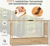 A wooden raised garden bed with a trellis structure, set against a blurred forest background. Text overlays highlight product features. Produktbild-Vorschau