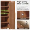 A close-up view of a shoe cabinet, highlighting its features like metal hinges and an anti-tipping device. The image also shows the interior shelves. Náhľad obrázku produktu