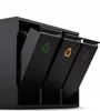 A black three-compartment recycling bin with recycling symbols on each compartment. Podgląd zdjęcia produktu