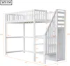 Diagram showing the dimensions of a white wooden loft bed with stairs. Náhľad obrázku produktu
