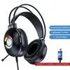 A black gaming headset with colorful LED lights and a USB connector with a digital graphic. Produktbild-Vorschau