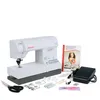 A white sewing machine with various accessories and a manual, displayed on a white background. Produktbild-Vorschau